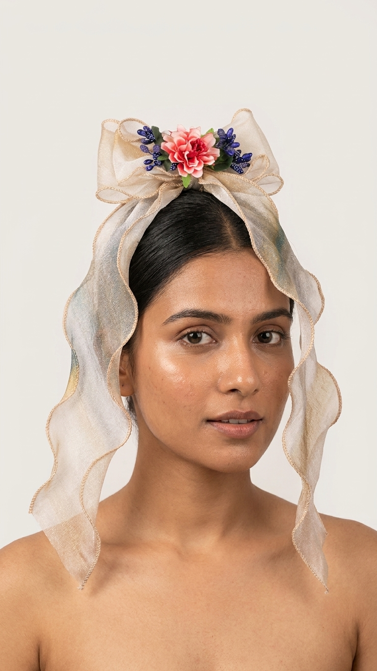 Blush Pink Organza Bow Barrette with Coral Dahlia & Lavender Bouquet
