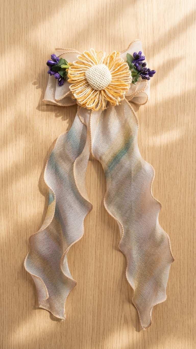 Sky Blue Ombre Chiffon Bow Clip with Teal Daisy & Lavender Buds