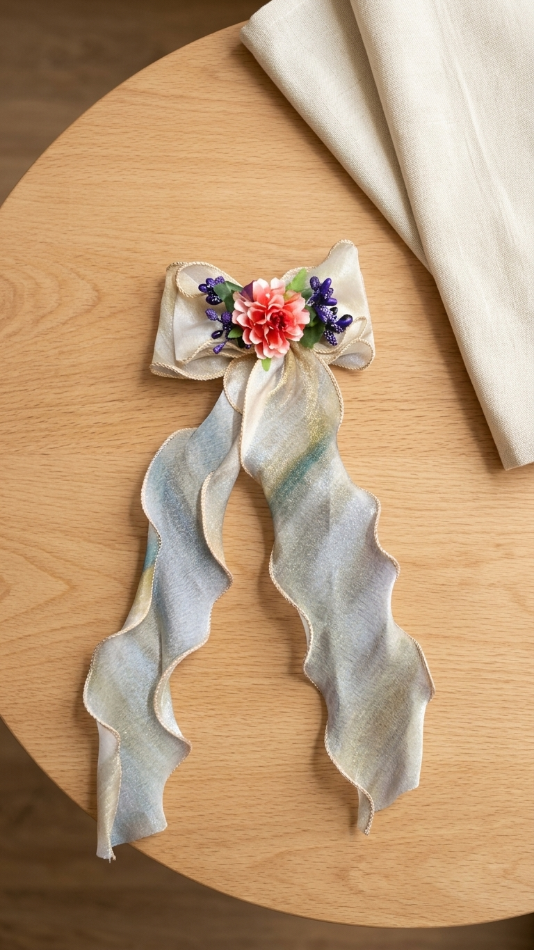 Blush Pink Organza Bow Barrette with Coral Dahlia & Lavender Bouquet