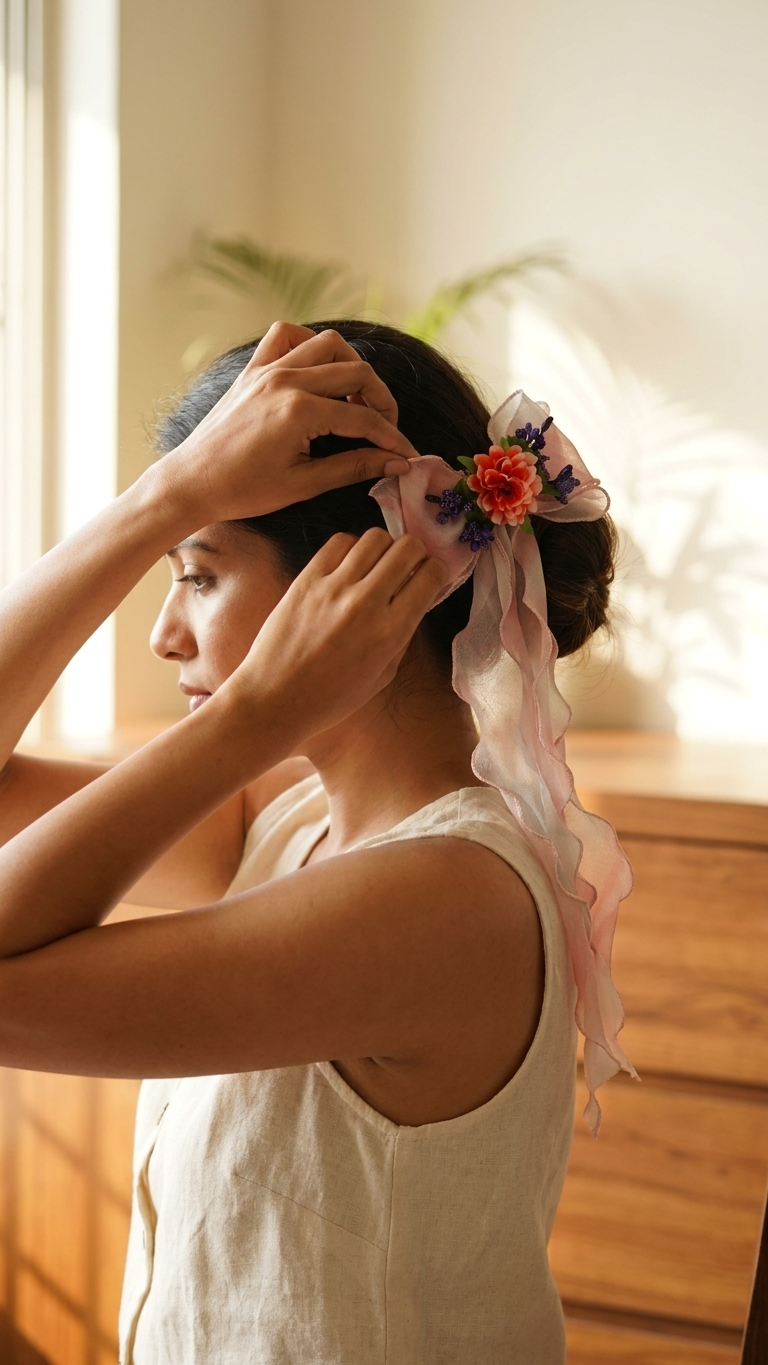 Blush Pink Organza Bow Barrette with Coral Dahlia & Lavender Bouquet
