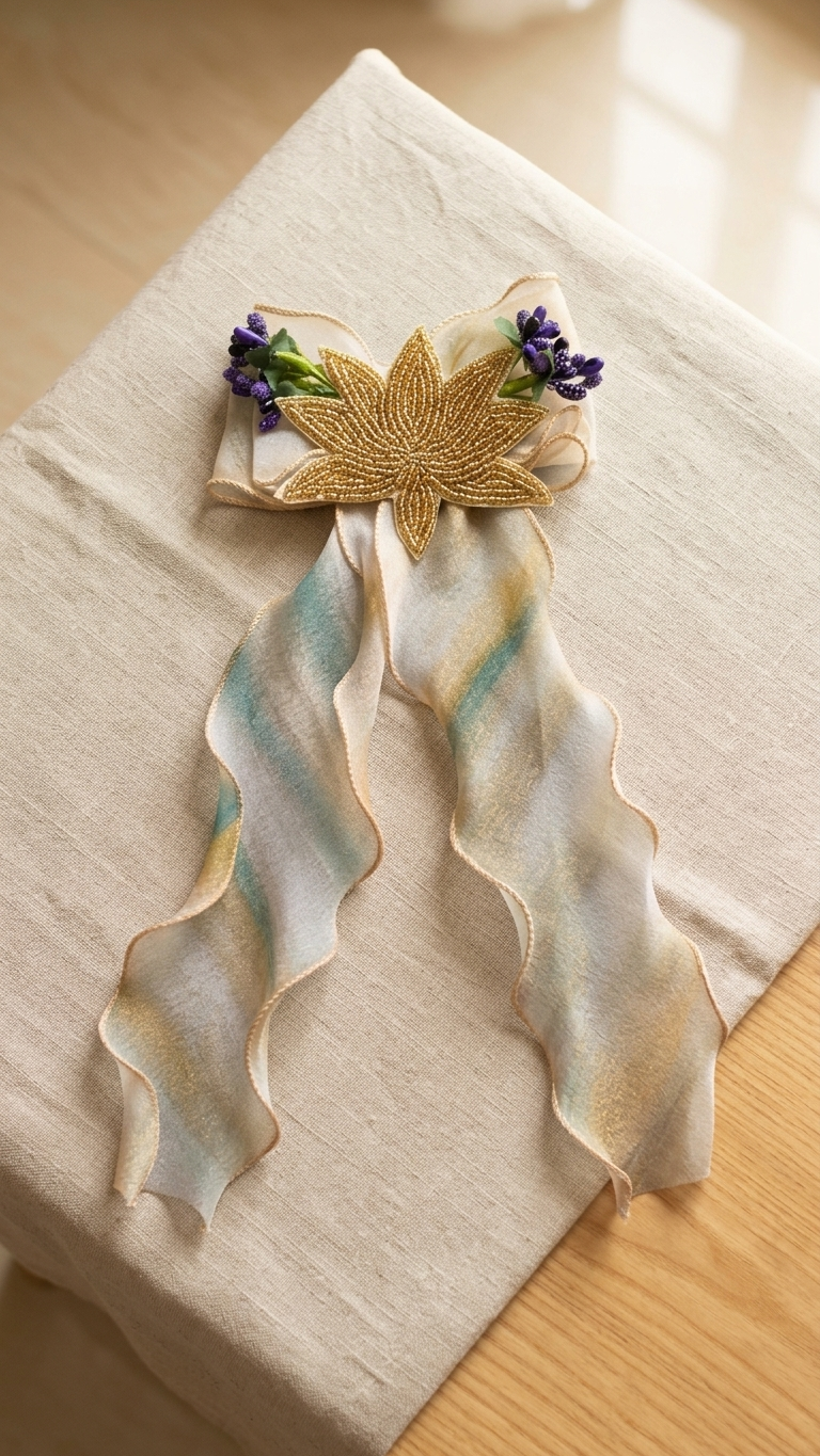 Powder Blue Organza Bow Barrette with Pearl Lotus & Lavender Florals