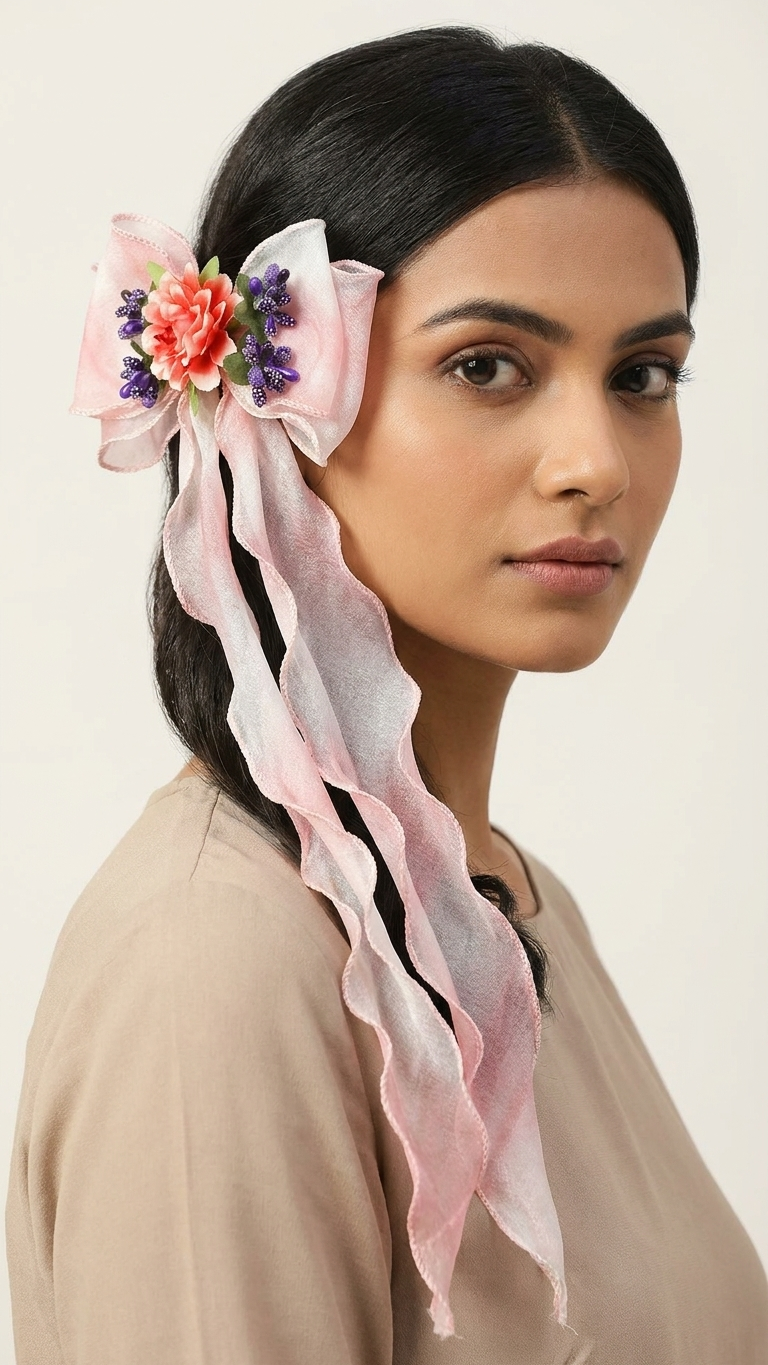 Blush Pink Organza Bow Barrette with Coral Dahlia & Lavender Bouquet