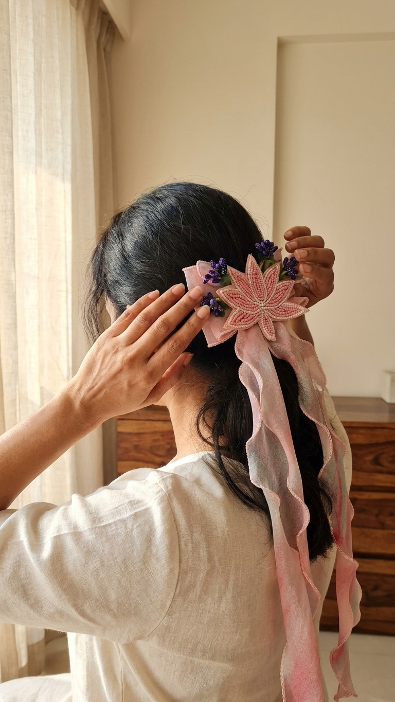 Powder Blue Organza Bow Barrette with Pearl Lotus & Lavender Florals