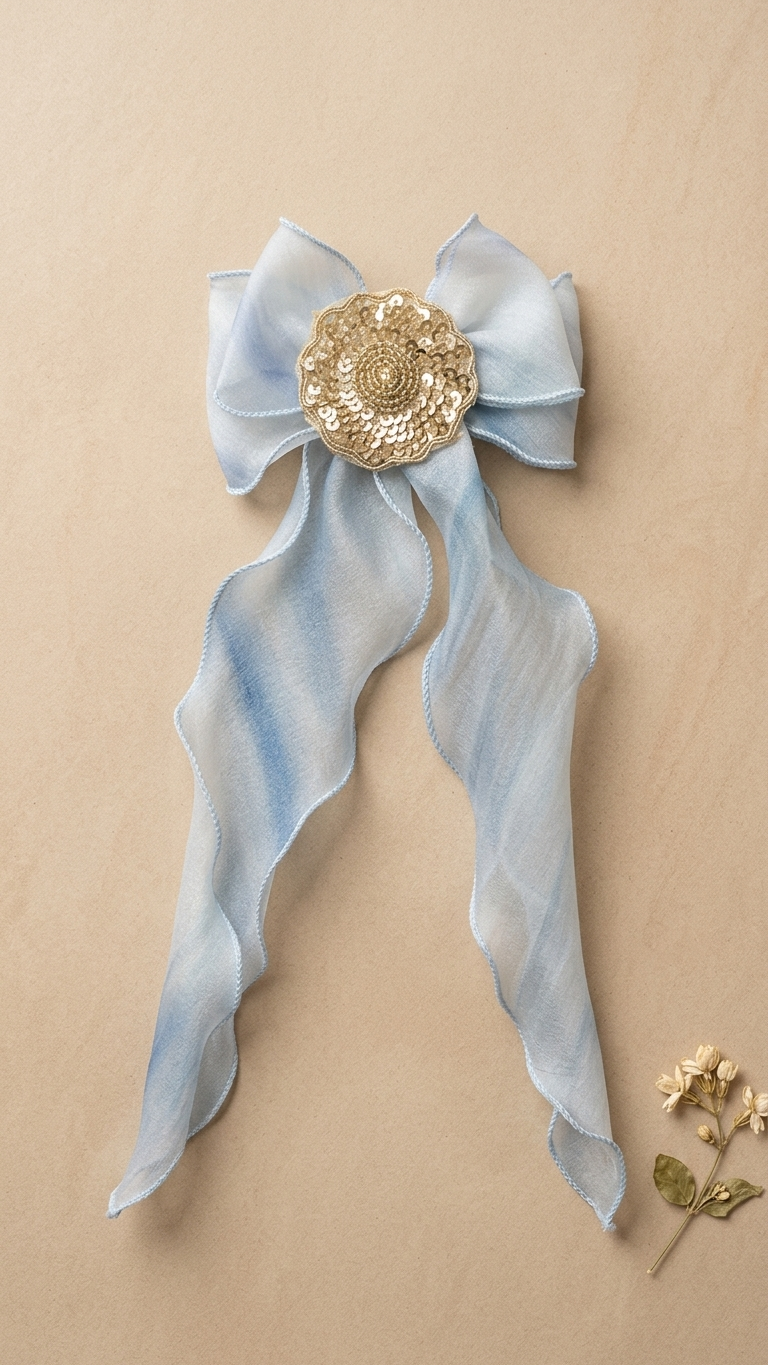 Cream Organza Bow Barrette with Gold Sequin Floral Embellishment