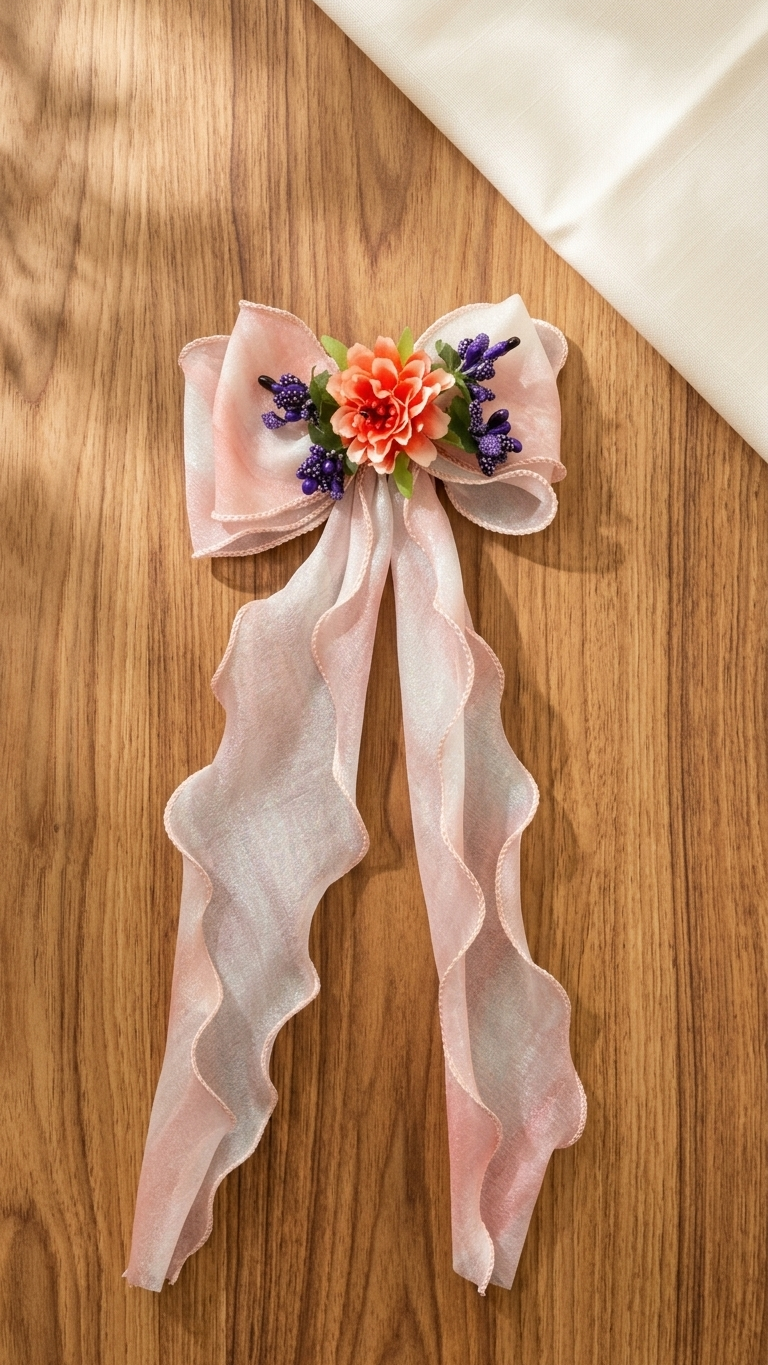Blush pink organza bow barrette with coral dahlia bloom and purple lavender bud clusters on wooden background