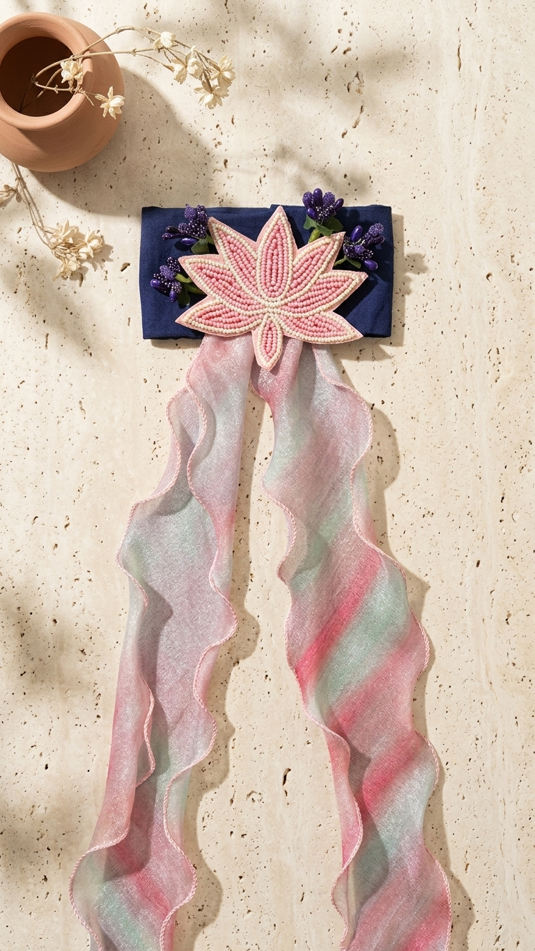 Powder Blue Organza Bow Barrette with Pearl Lotus & Lavender Florals