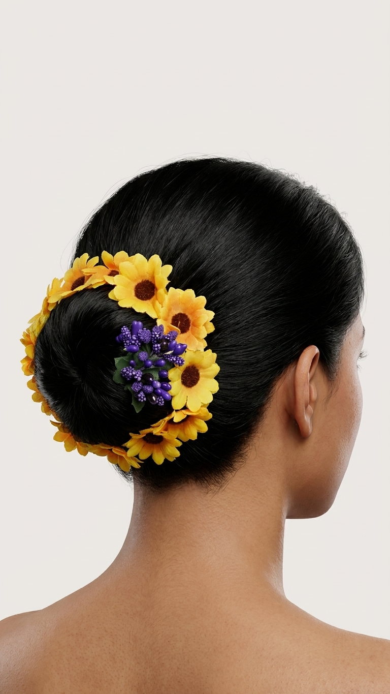 Sunflower and purple berry blossom hair bun clip styled on a sleek black hair bun