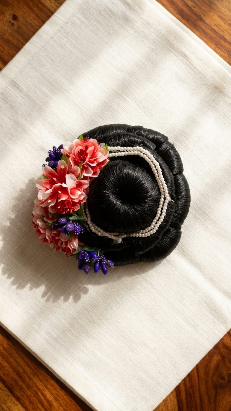 Coral carnation and pearl chain hair bun donut with purple berry accents displayed on cream linen fabric