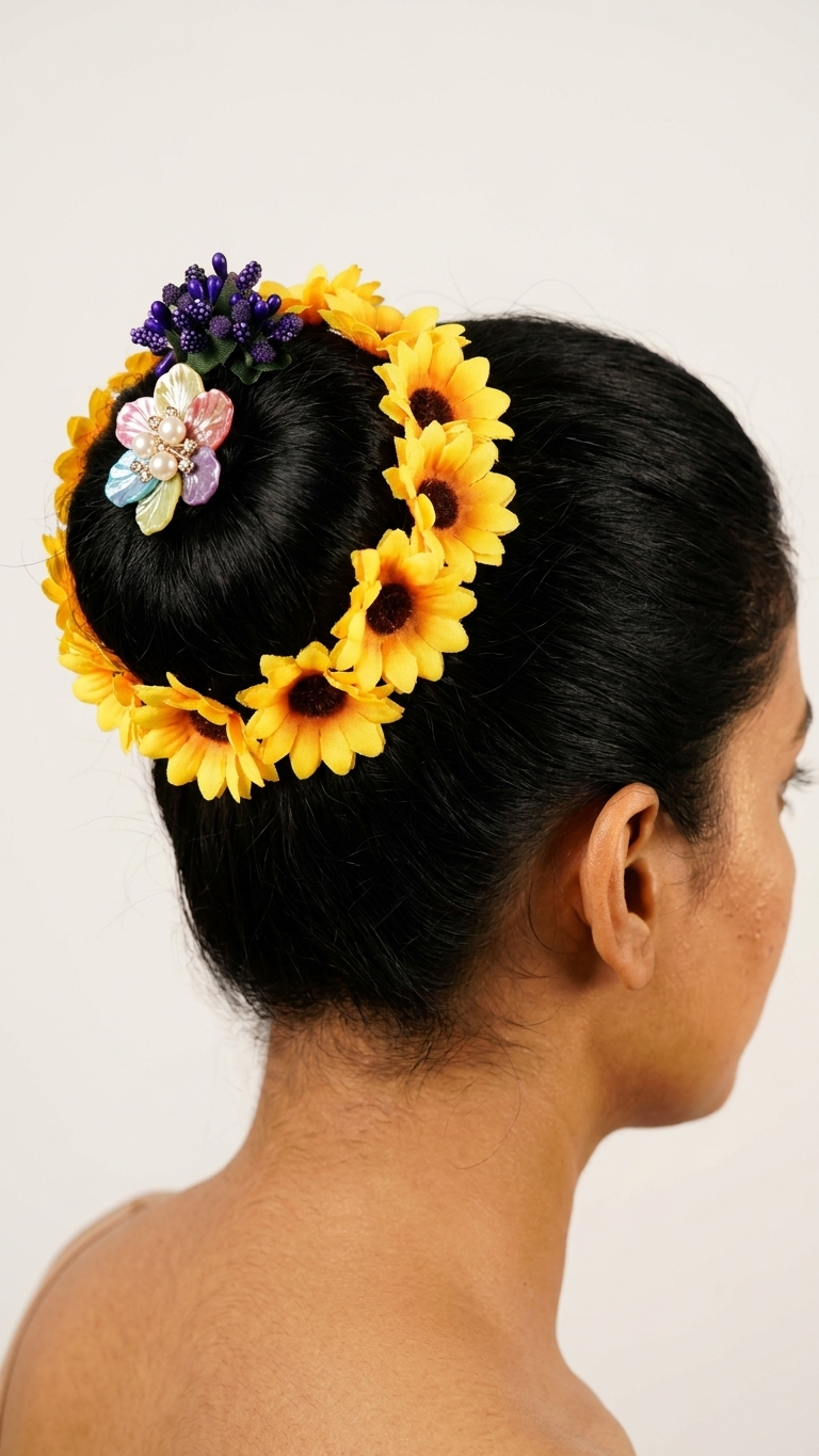Sunflower Halo Hair Bun Donut with Pastel Enamel Bloom