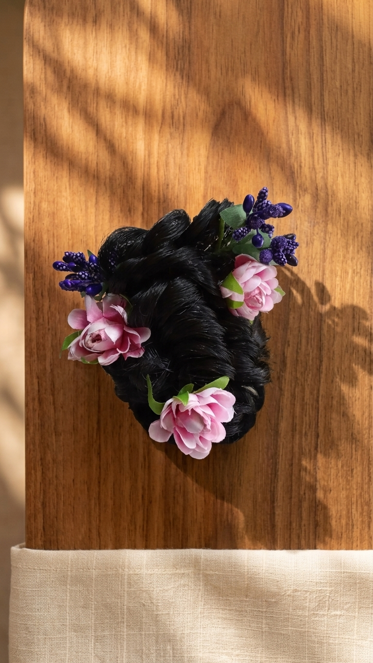 Pink rose and purple berry braided hair juda clip displayed on a wooden surface with warm natural light