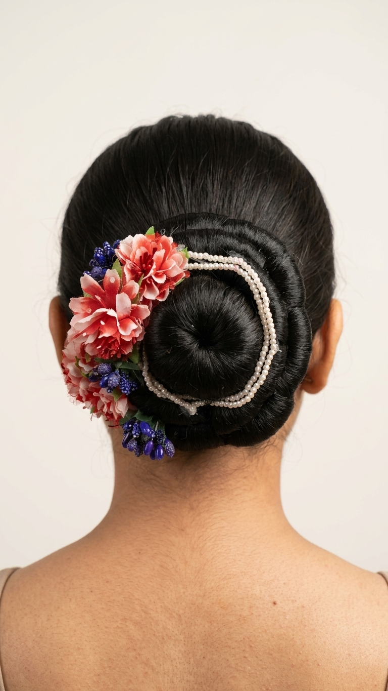 Coral Carnation & Pearl Chain Hair Bun Donut