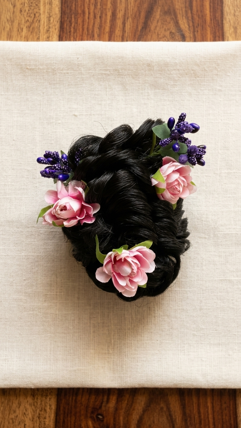Pink Rose & Purple Berry Braided Hair Juda Clip