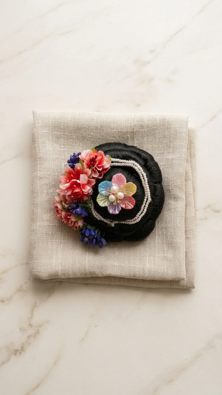 Carnation bloom and pearl drape hair bun donut with pastel enamel flower and purple berry accents on linen fabric
