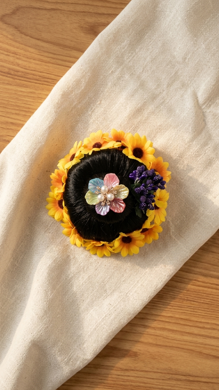 Sunflower halo hair bun donut with pastel enamel flower and pearl centre, displayed on cream fabric