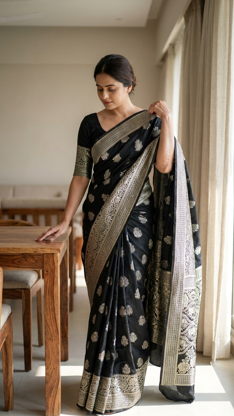 Jacquard Foil Printed Saree for Women (Black, 6.3 m)