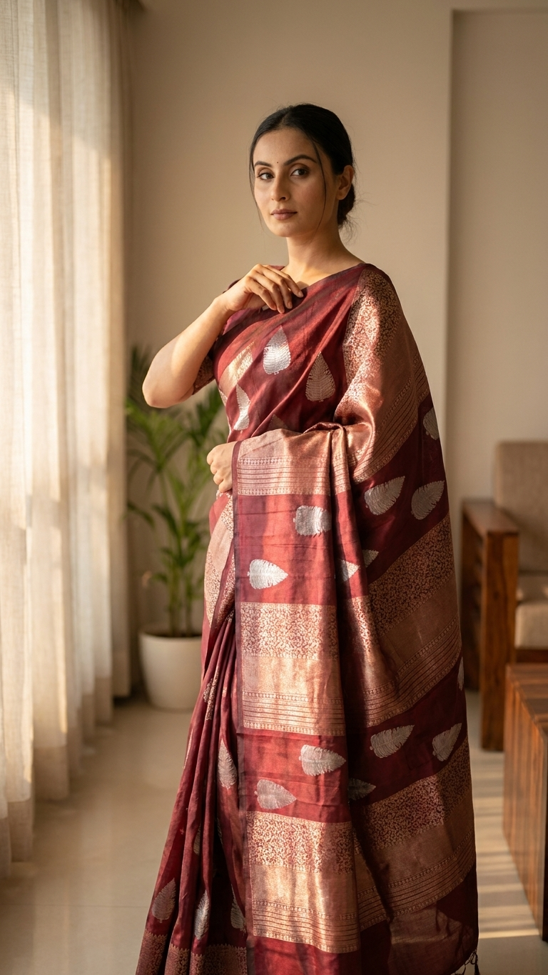 Art Silk Saree With Blouse For Women (Dark Red, 6.3M)