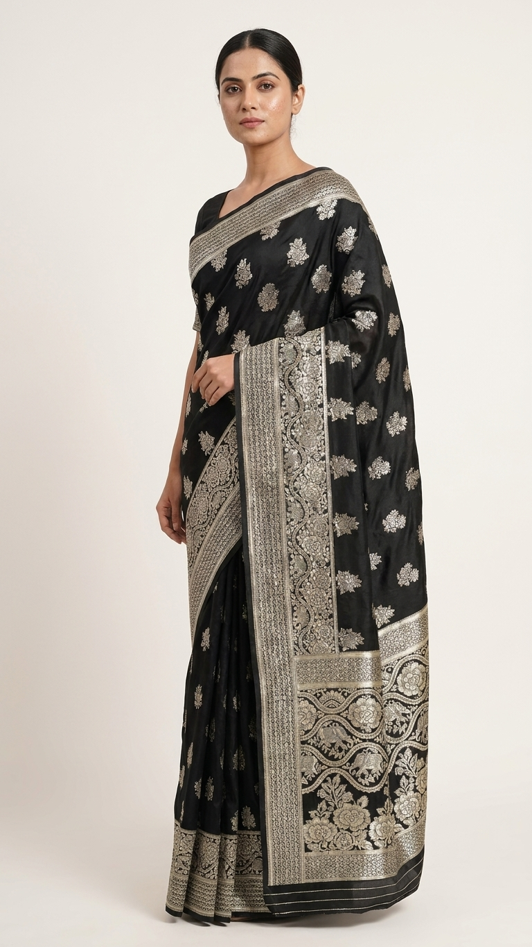 Jacquard Foil Printed Saree for Women (Black, 6.3 m)