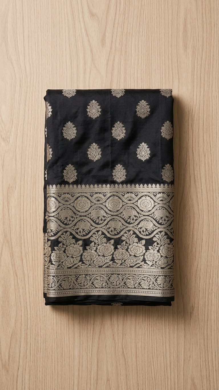 Jacquard Foil Printed Saree for Women (Black, 6.3 m)
