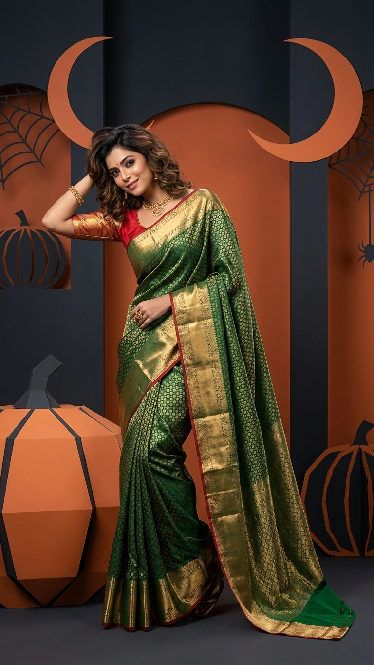 Jacquard Saree With Blouse For Women (Green, 6.3M)