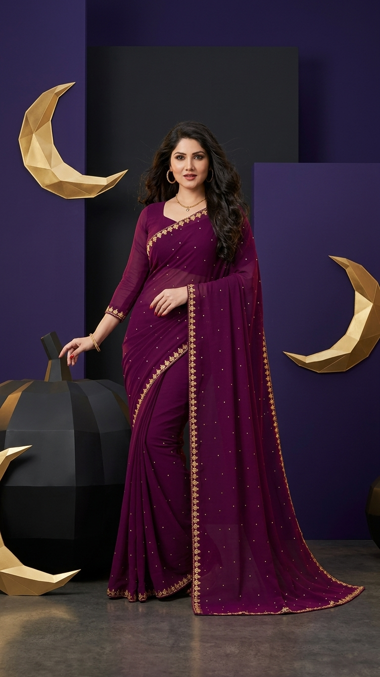 Lycra Blend Solid Saree for Women (Purple, 6.3 m)