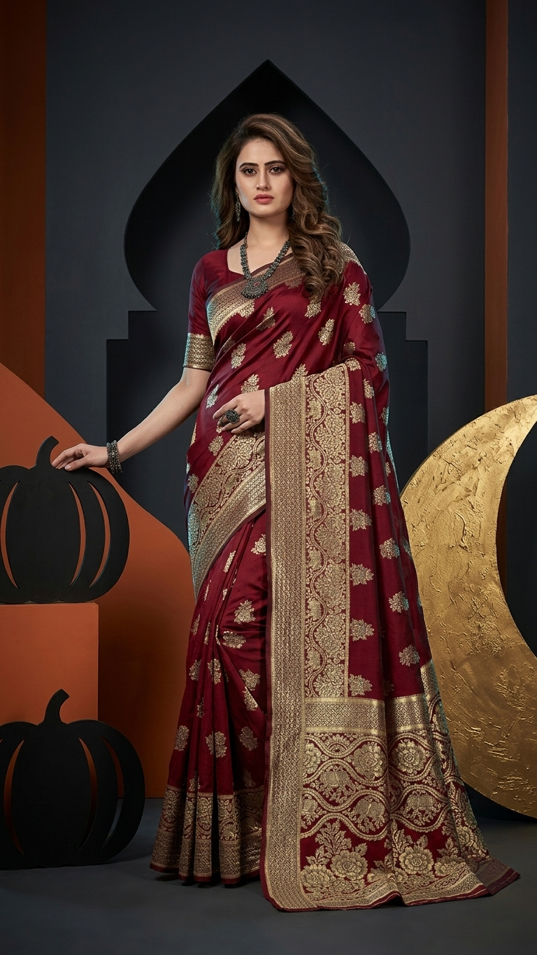 Jacquard Foil Printed Saree for Women (Black, 6.3 m)