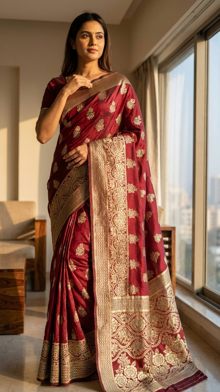Jacquard Foil Printed Saree for Women (Black, 6.3 m)