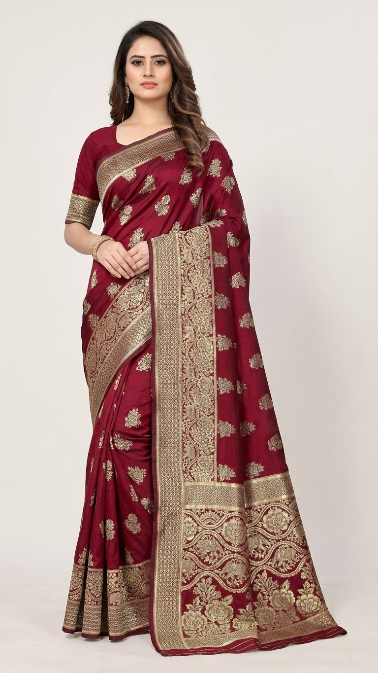 Jacquard Foil Printed Saree for Women (Black, 6.3 m)