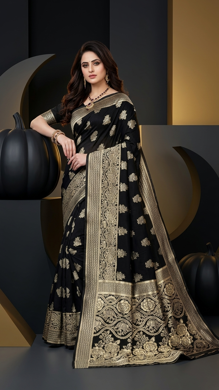 Jacquard Foil Printed Saree for Women (Black, 6.3 m)