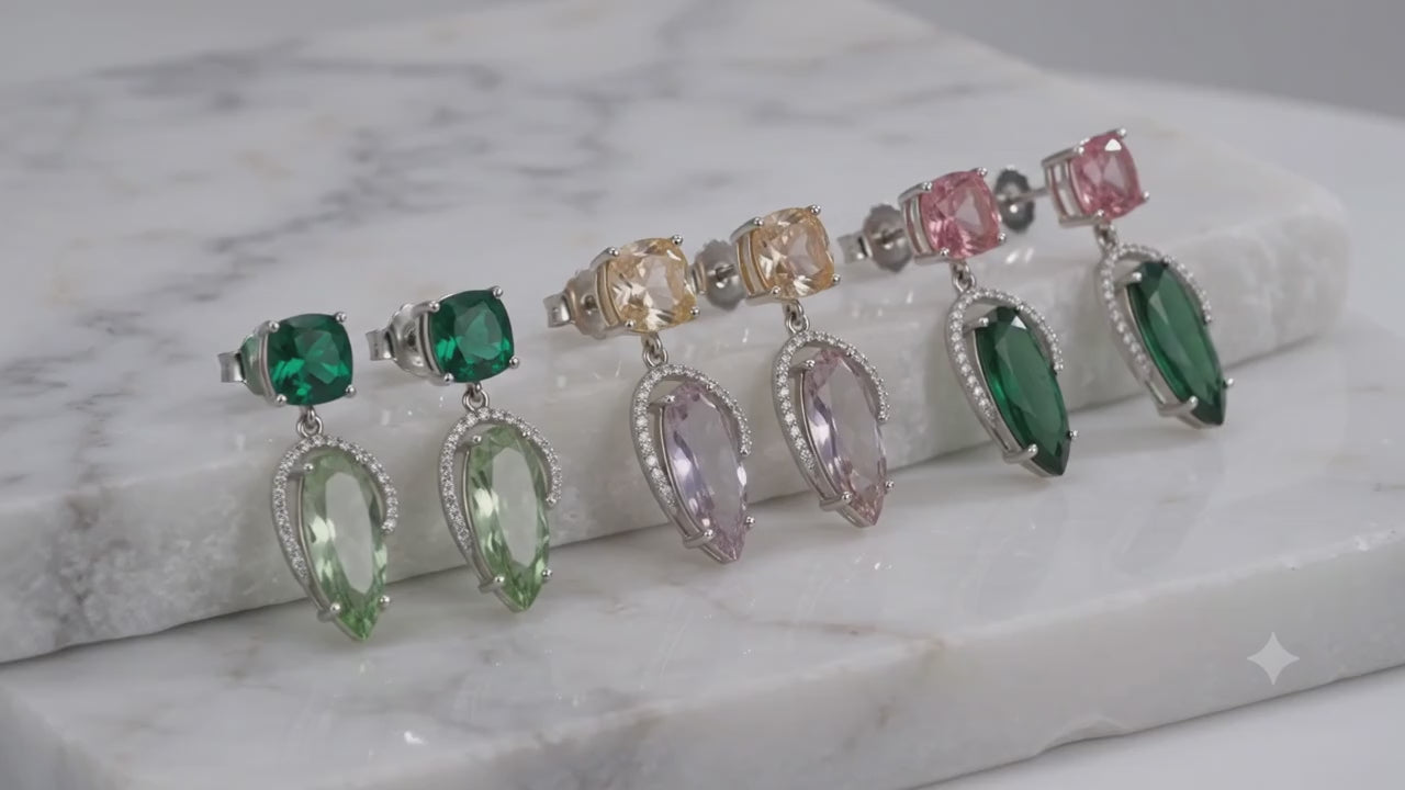 Load video: Gold-Tone Crystal Square Stud &amp; Teardrop CZ Drop Earrings