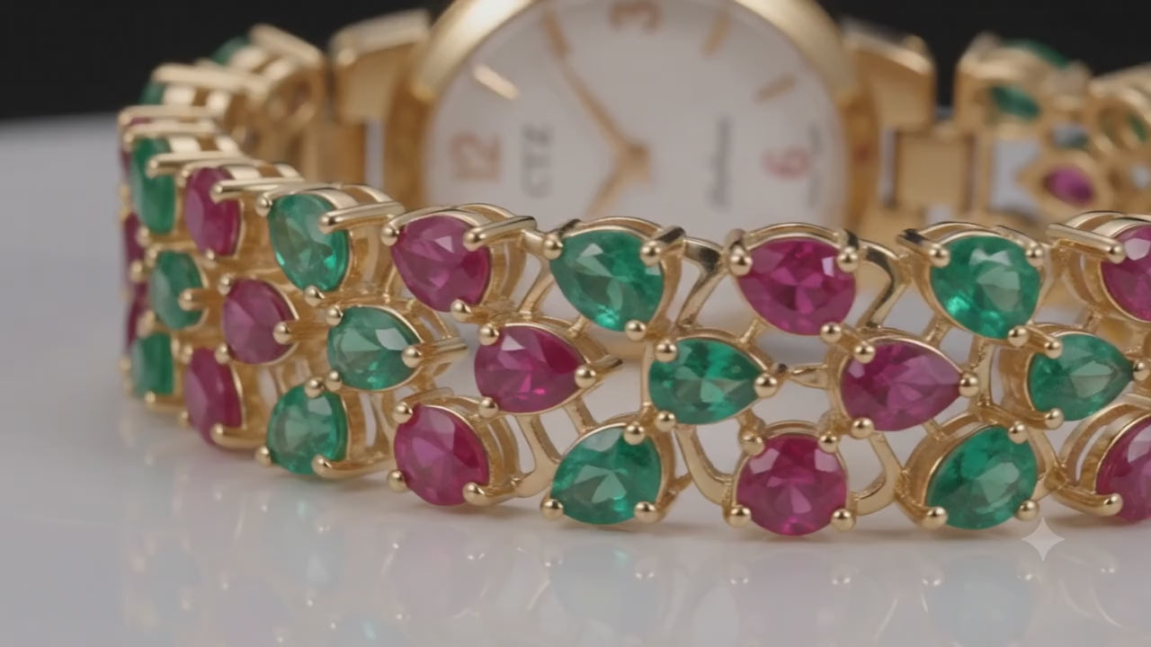 Load video: Multicolour Gemstone Round Dial Bracelet Watch with Pearl Drop Chain