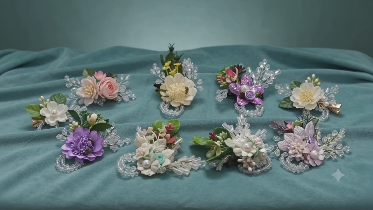 Load video: Handcrafted Floral Bouquet Hair Clip – Set of 2