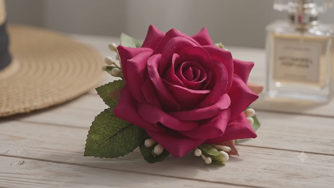 Load video: Realistic Rose Hair Clip with Leaves &amp; Pearl Buds – Set of 2