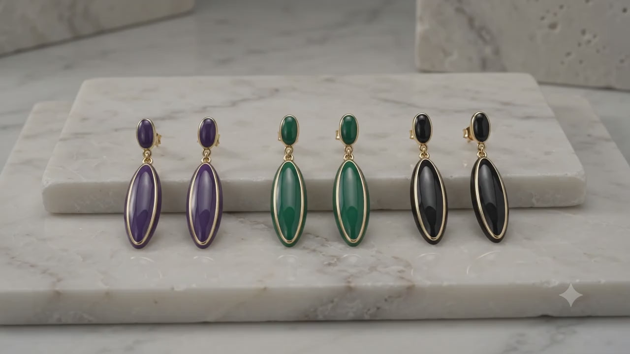 Load video: Gold-Tone Enamel Oval Stud &amp; Elongated Drop Earrings