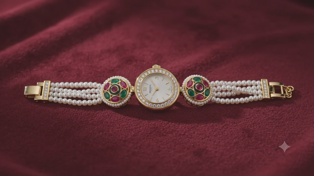 Load video: Bravo Ruby &amp; Emerald Meenakari Pearl Strand Bracelet Watch