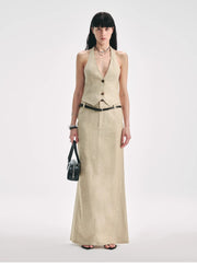 Retro Linen V-neck Halter Vest and Fishtail Hip Skirt Set"Old Money Weekly"