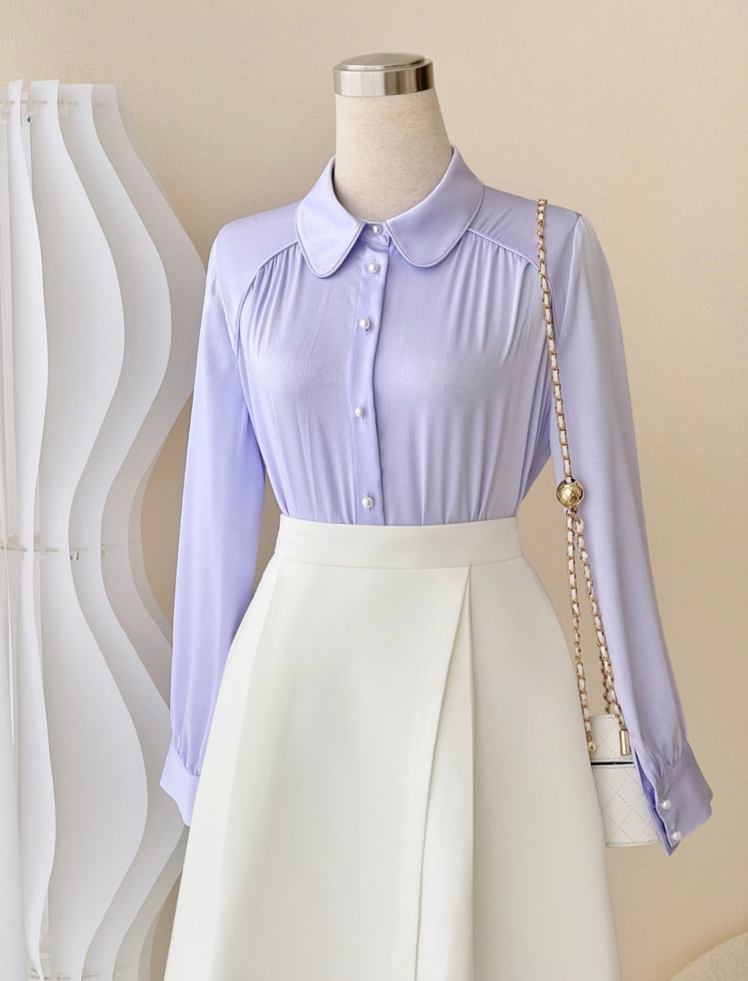 Pearl Button Satin Shirt with Rounded Collar-0