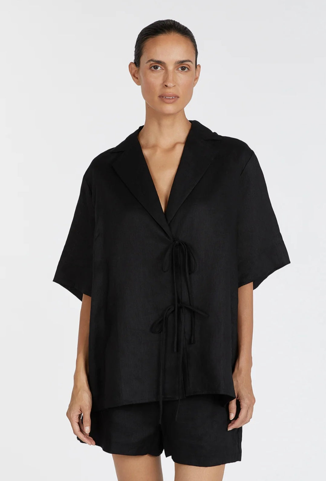 Black Linen Top with Tie-Ups-2
