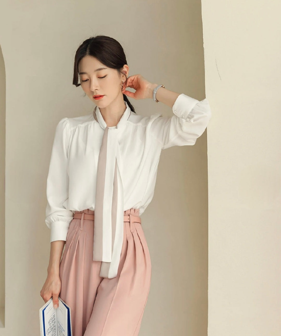 Crepe Tie-Up Shirt with Long Sleeves-4
