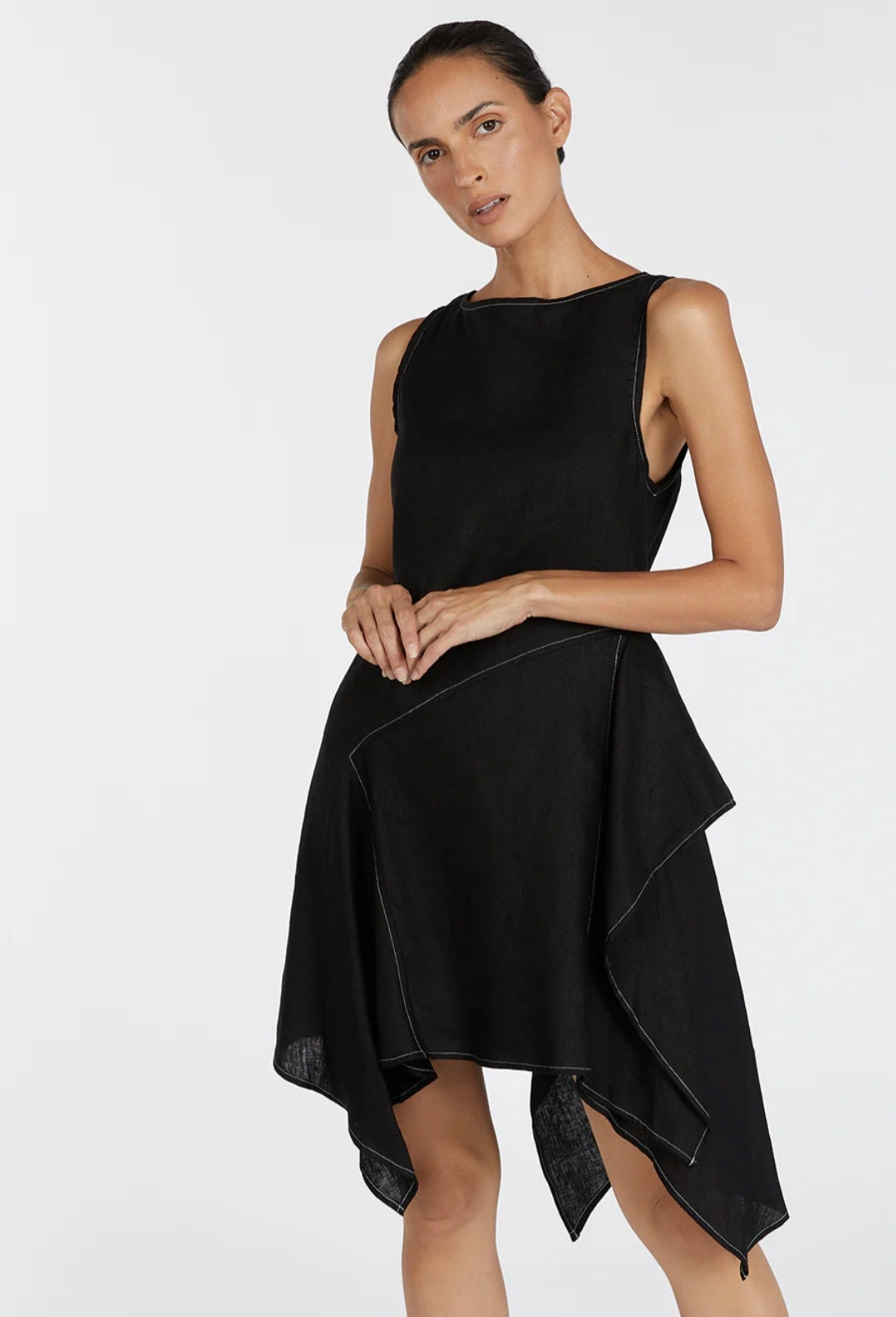 Black Linen Asymetric Dress-3