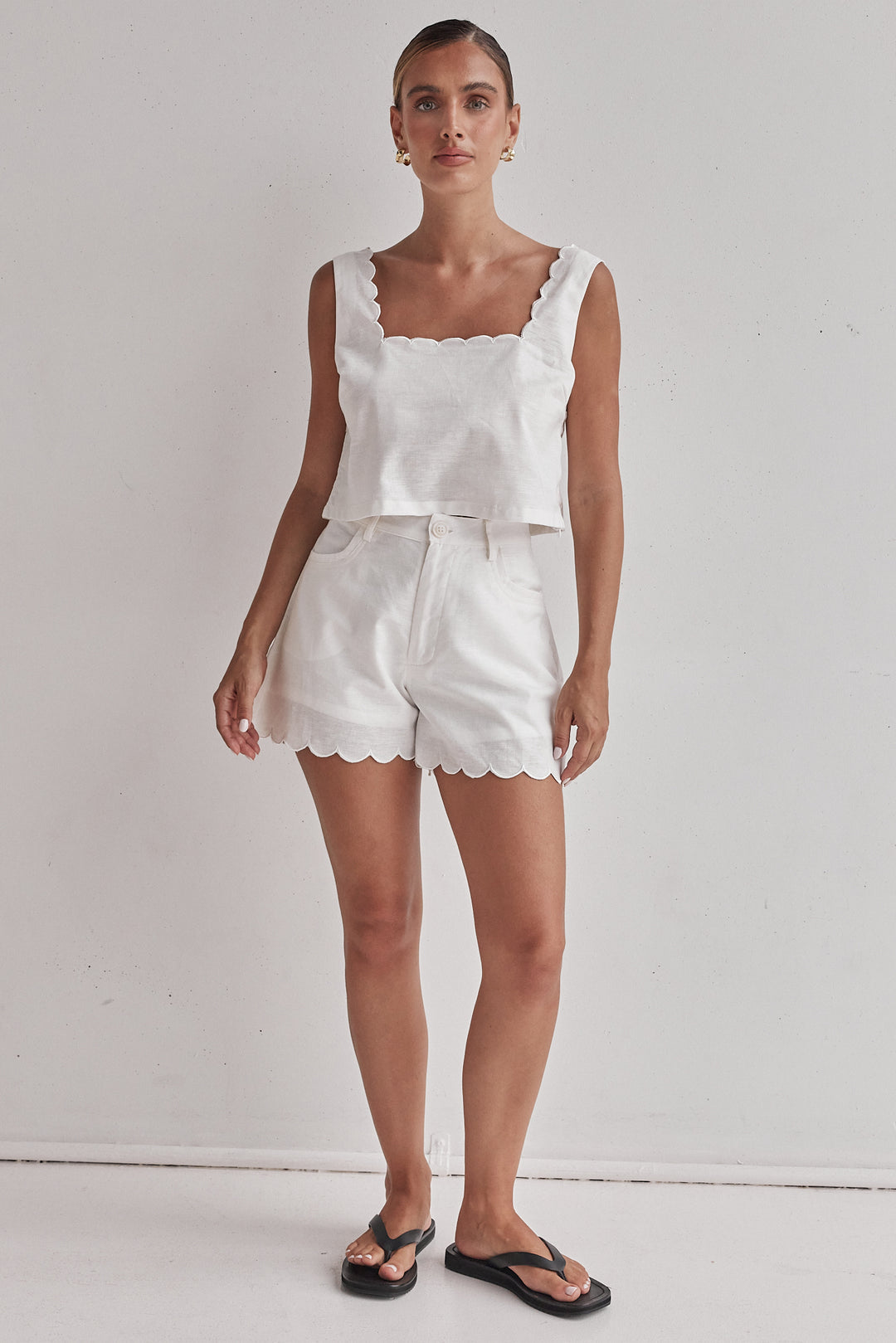 White Linen Shorts with Scalloped Hem – Lightweight & Chic-3