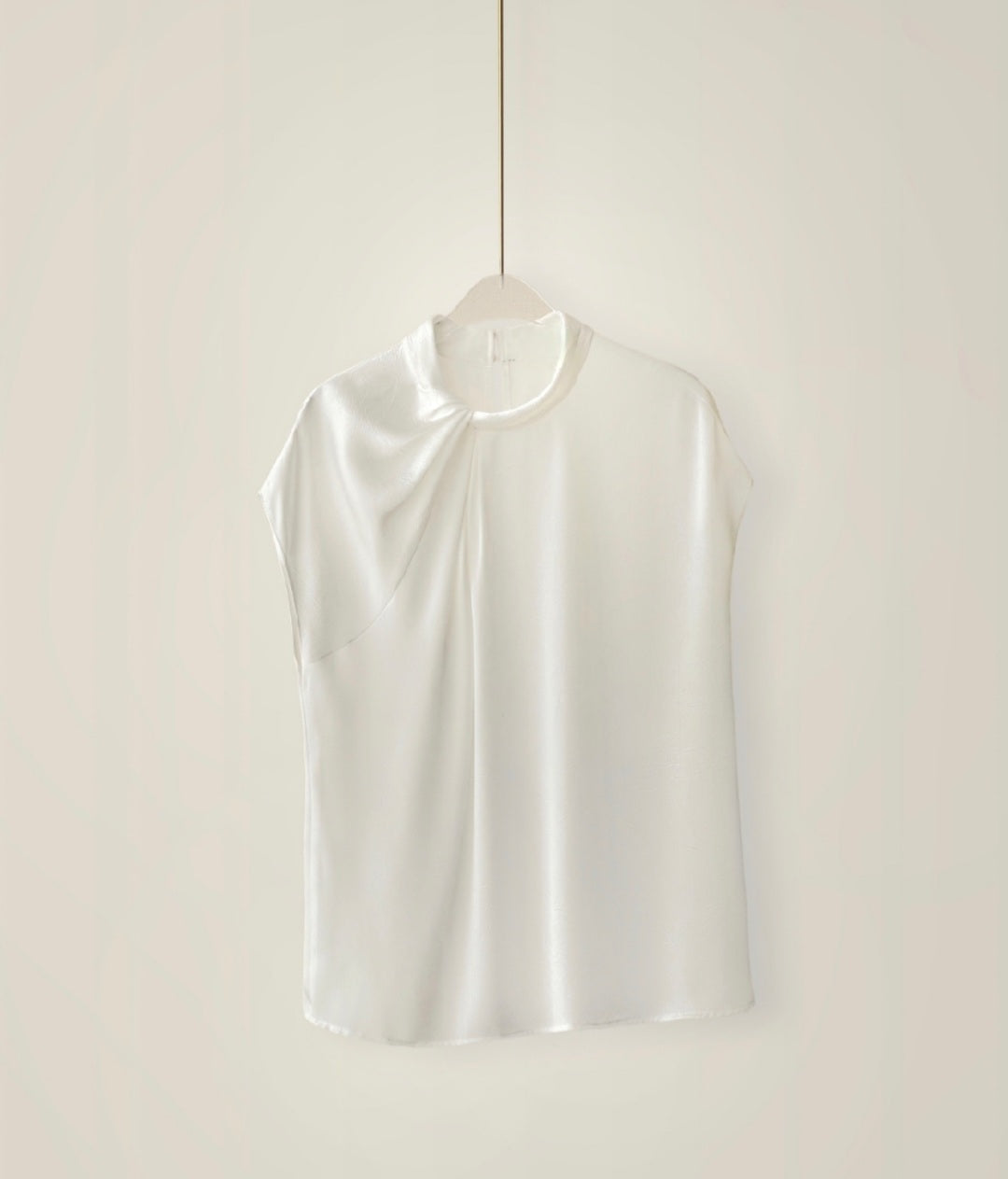 Pleated Short Sleeve Satin Top with Neck Detail-1