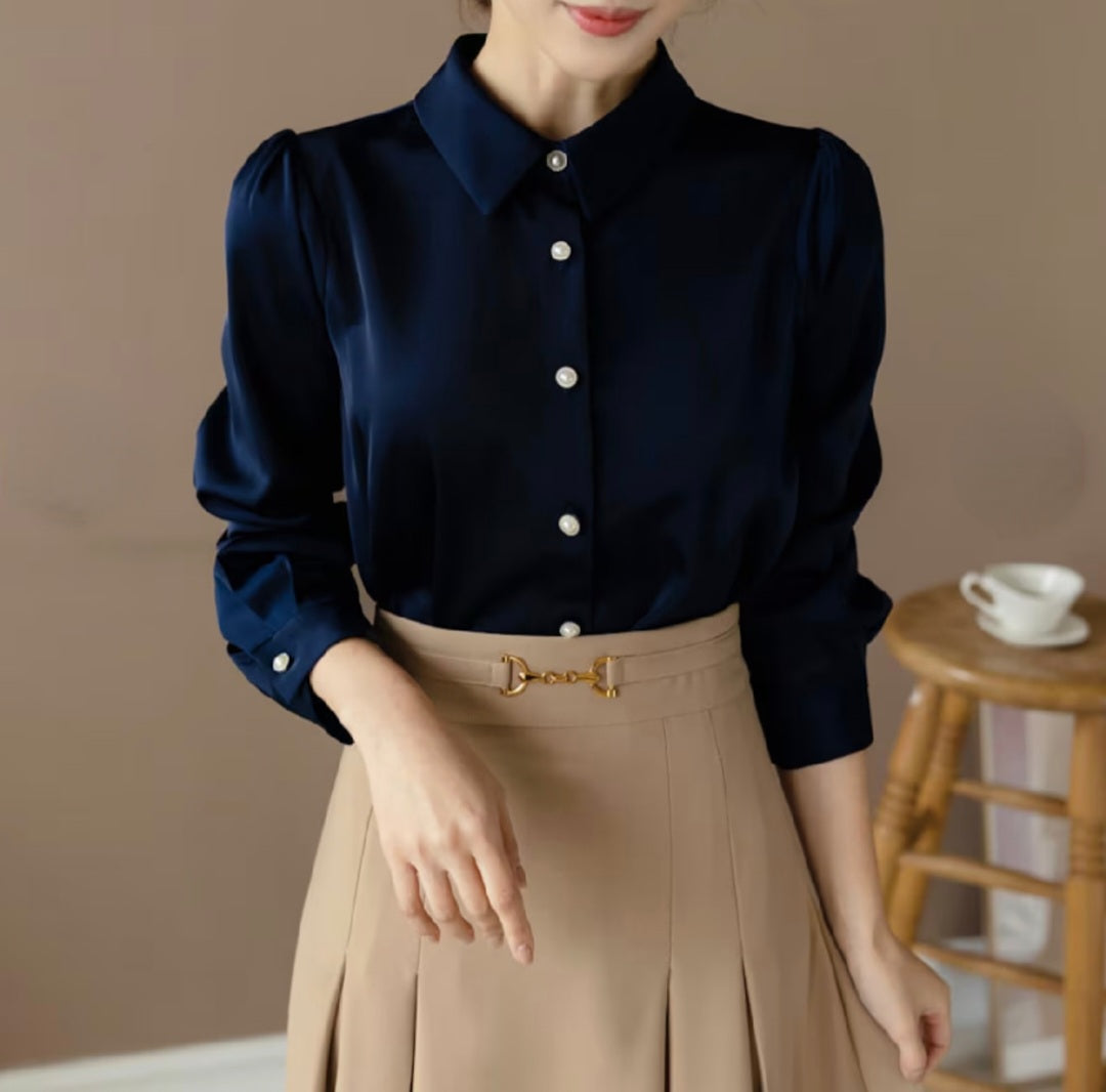 Pearl Button Long Sleeve Shirt with Puffed Sleeves-0