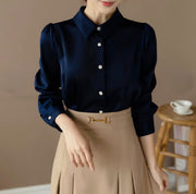 Pearl Button Long Sleeve Shirt with Puffed Sleeves-0