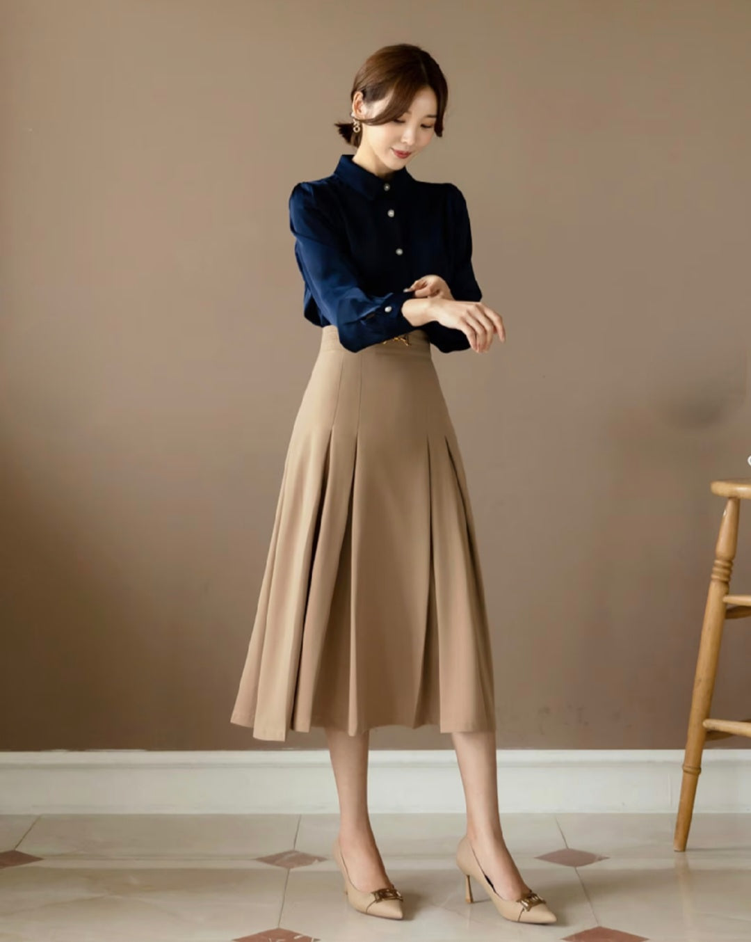 Pearl Button Long Sleeve Shirt with Puffed Sleeves-2