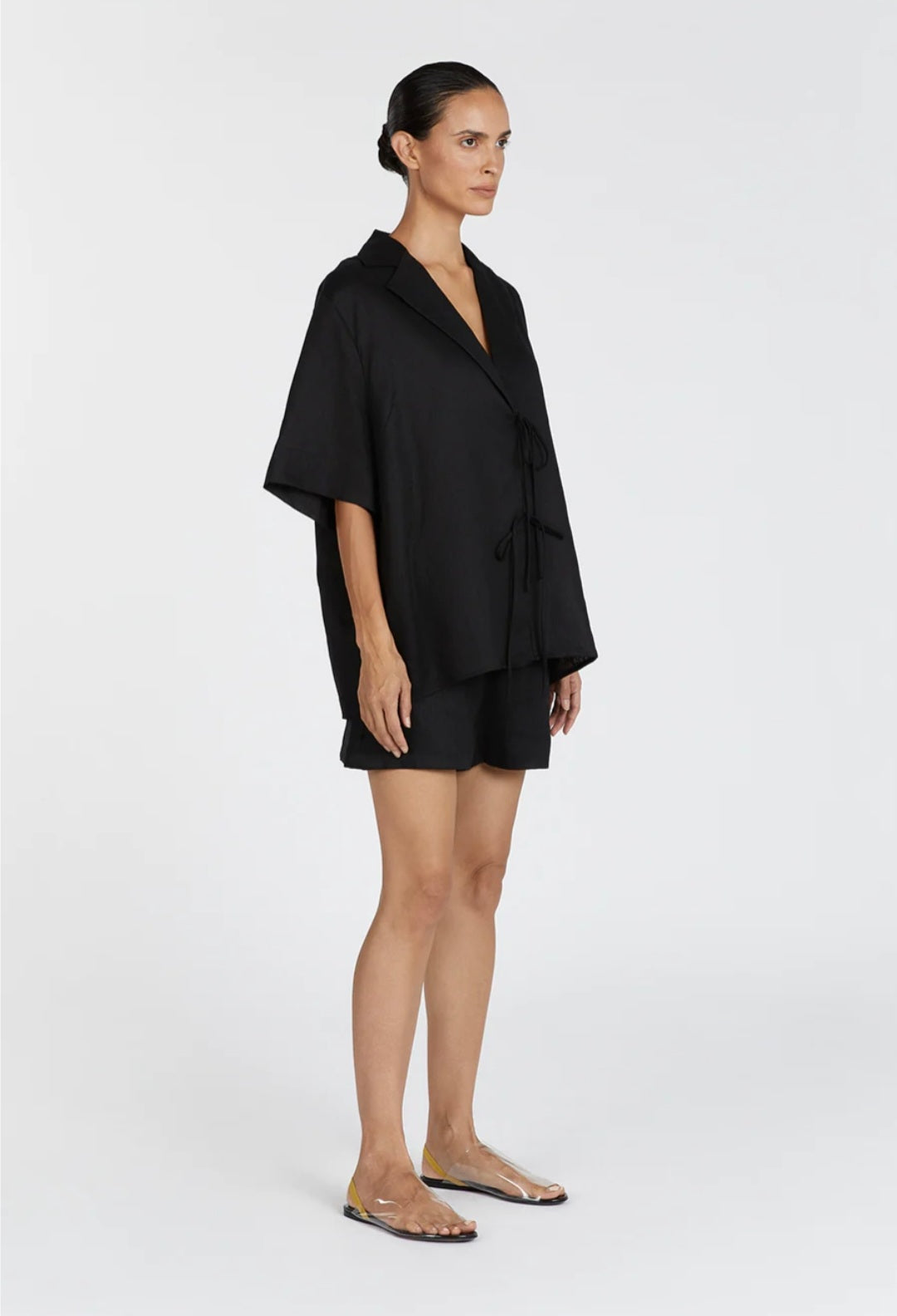 Black Linen Top with Tie-Ups-3