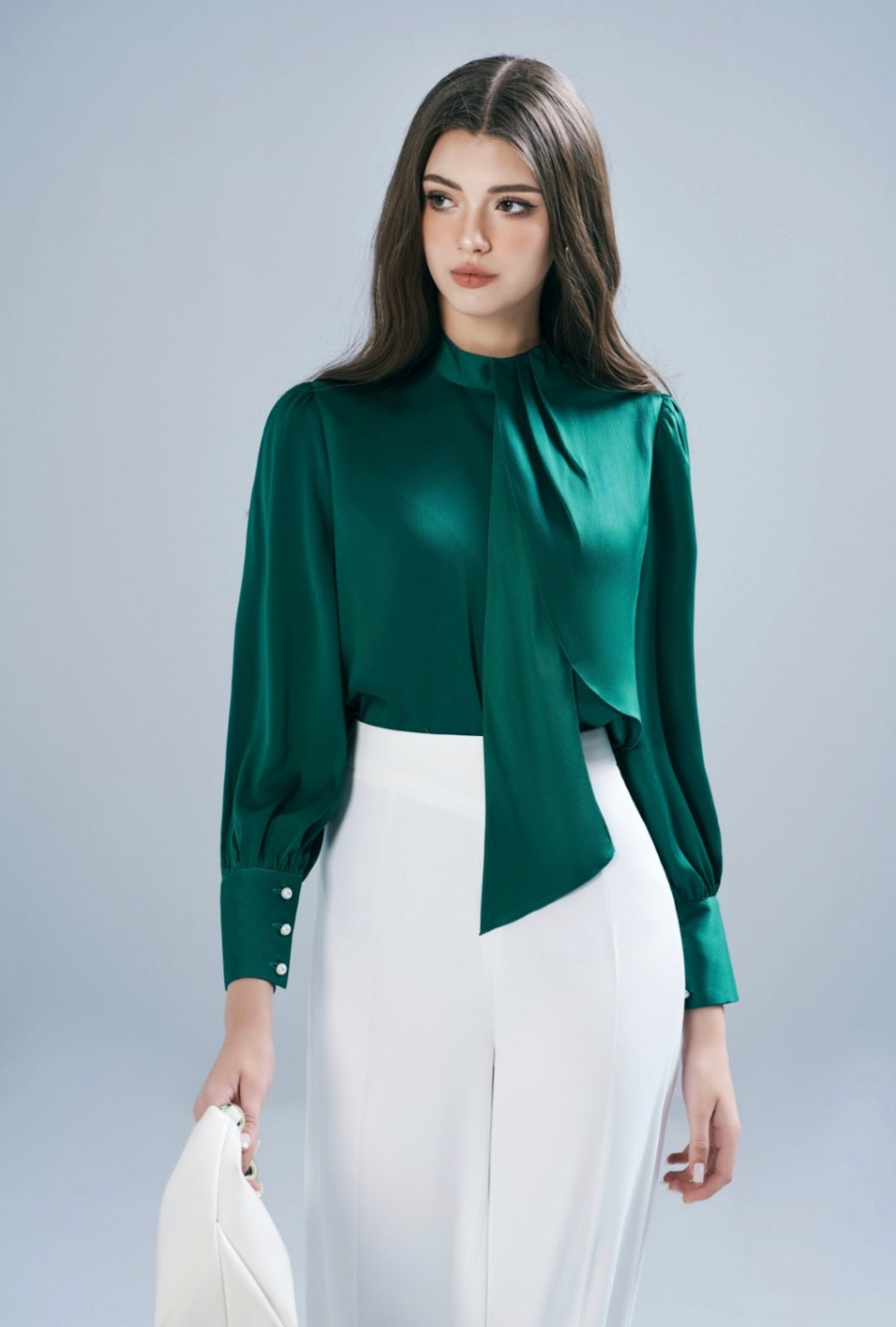 High Collared Satin Top with Tie-Up and Pearl Buttons-0
