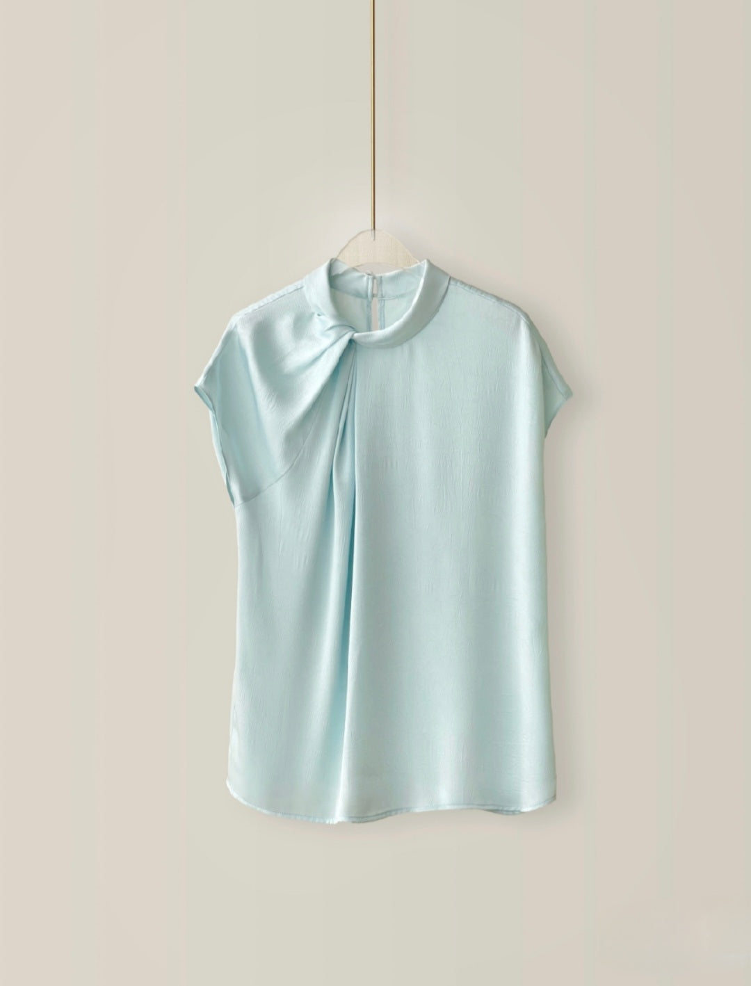 Pleated Short Sleeve Satin Top with Neck Detail-4