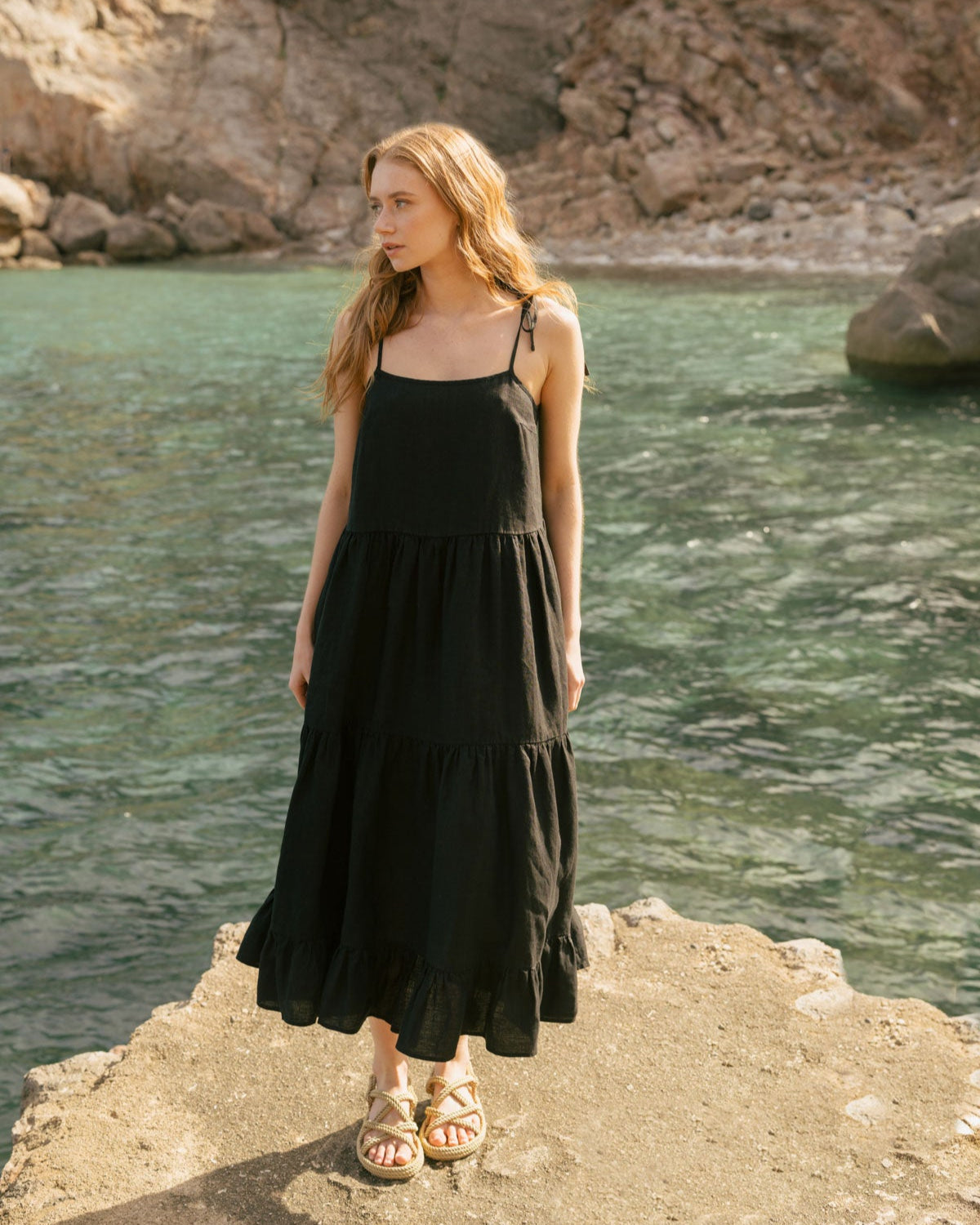 Black Linen Maxi Dress with Tie Straps (syncee)-0