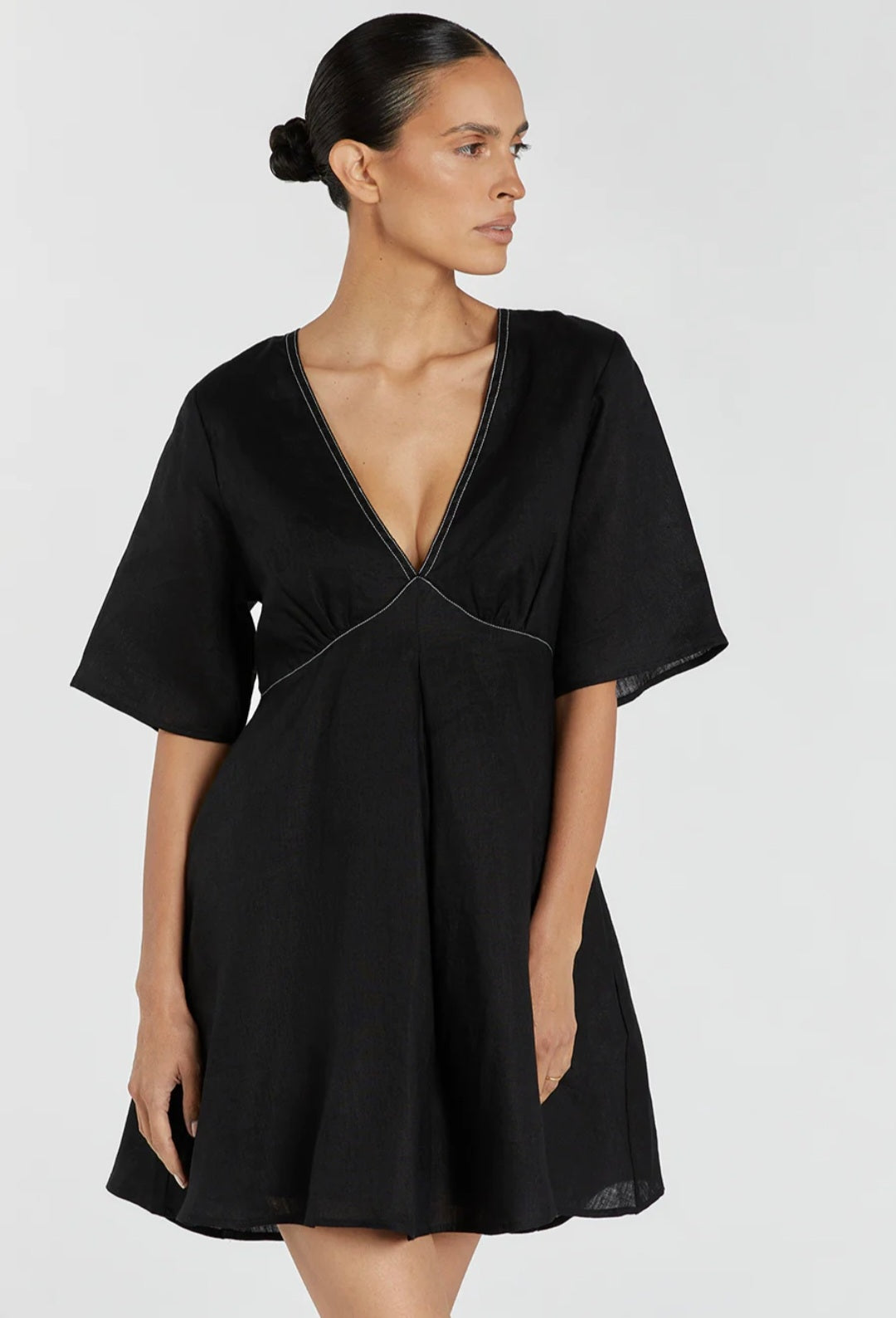Menton Linen Babydoll Mini Dress (syncee)-0