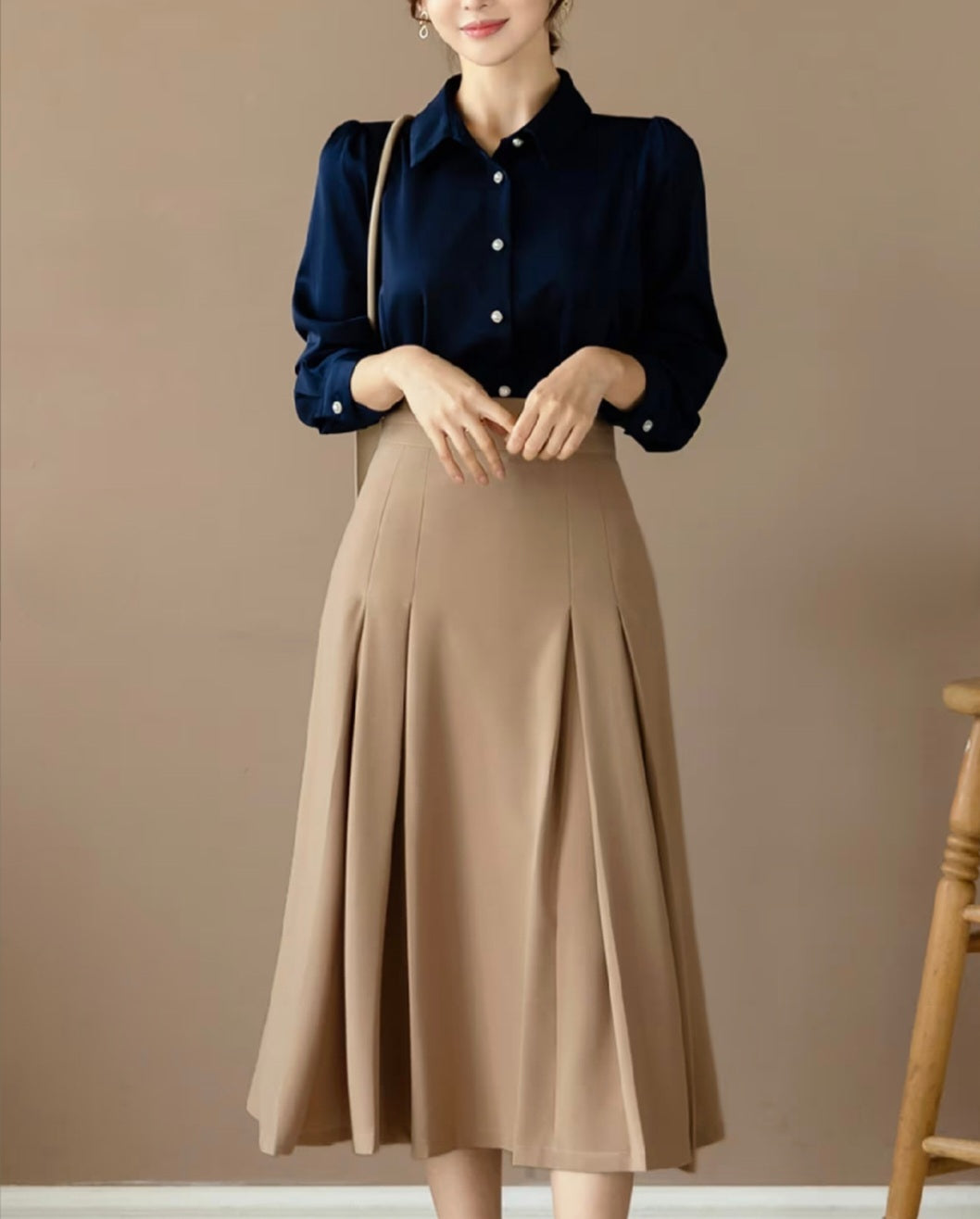 Pearl Button Long Sleeve Shirt with Puffed Sleeves-3